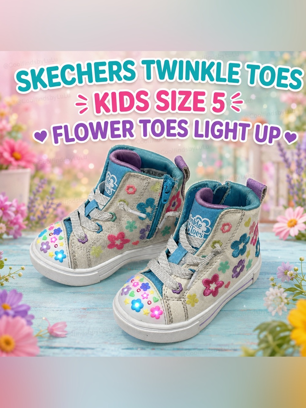 Skechers Twinkle Toes Kids Light-Up Flower High-Top Sneakers - Silver Multicolor